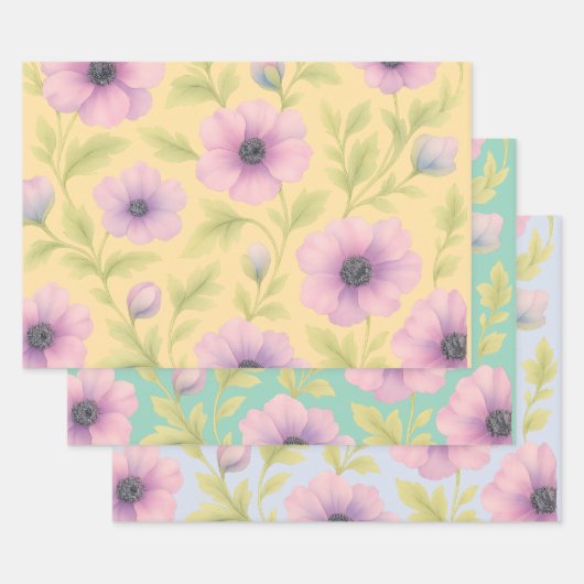 Pastel Botanical Wrapping Paper Set of 3 ラッピングペーパーシート (セット)