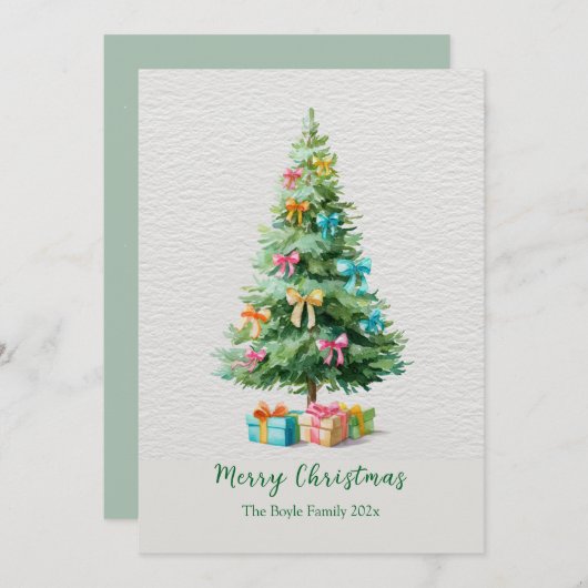 Pastel Bows Christmas Tree Holiday Card シーズンカード (正面/裏面)