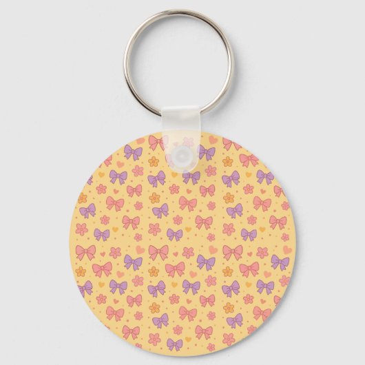 Pastel Bows & Flowers Pattern – Cute Yellow Girly  キーホルダー (裏面)