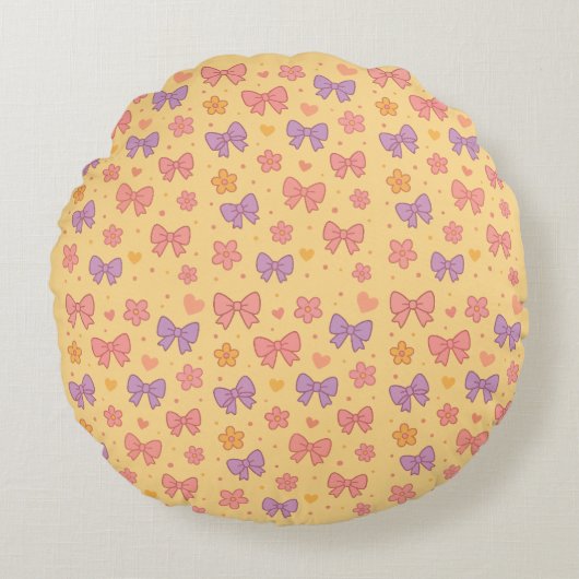Pastel Bows & Flowers Pattern – Cute Yellow Girly  ラウンドクッション (正面)