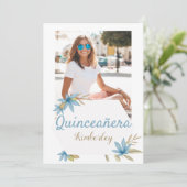Pastel brown blue flower Photo Quinceañera Party 招待状 (スタンド正面)