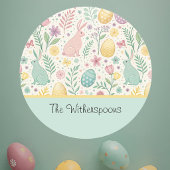 Pastel Bunnies Easter Eggs Ferns n Mint Monogram ラウンドシール
