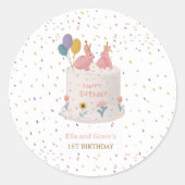 Pastel Bunny Twin Girls 1st Birthday Party ラウンドシール (正面)