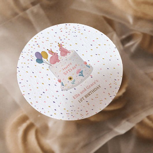 Pastel Bunny Twin Girls 1st Birthday Party ラウンドシール