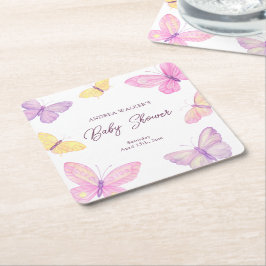 Pastel Butterflies Pink Purple Baby Shower スクエアペーパーコースター