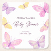 Pastel Butterflies Pink Purple Baby Shower スクエアペーパーコースター (正面)