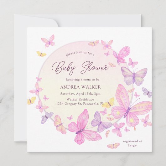 Pastel Butterflies Pink Purple Elegant Baby Shower 招待状 (正面)