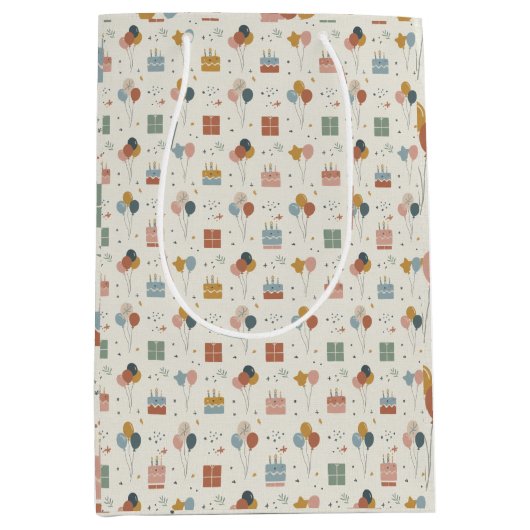 Pastel Cakes, Balloons & Confetti Scandi ミディアムペーパーバッグ (正面)