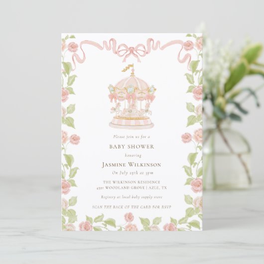 Pastel Carousel Baby Shower with rsvp QR code 招待状 (スタンド正面)