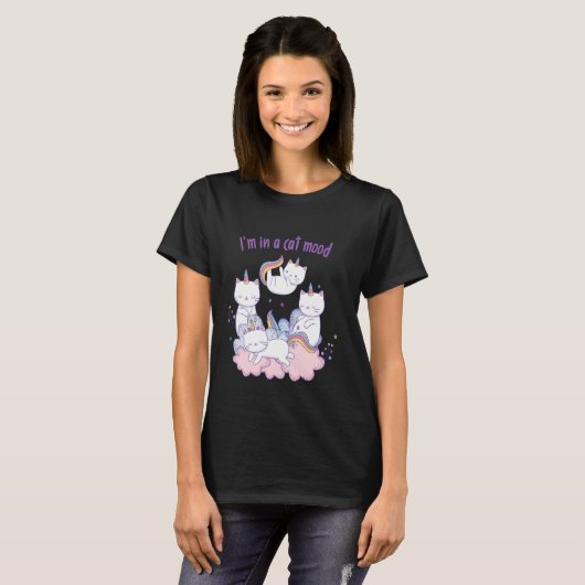 Pastel Cartoon Funny Unicorn Cat Tシャツ (正面フル)