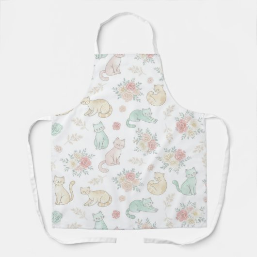 Pastel Cat and Rose Floral Pattern White Kitchen  エプロン (正面)