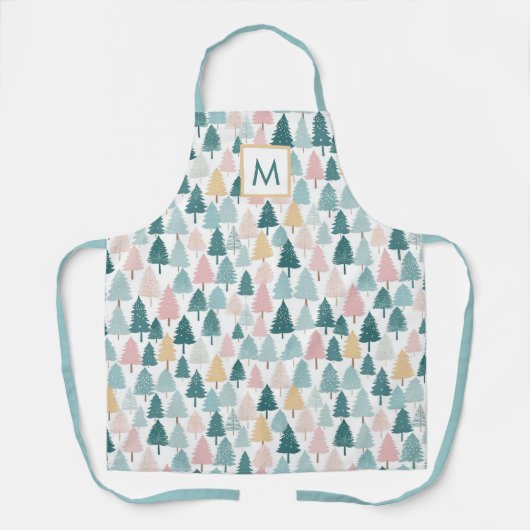 Pastel Christmas Pine Trees Monogrammed Kitchen エプロン (正面)