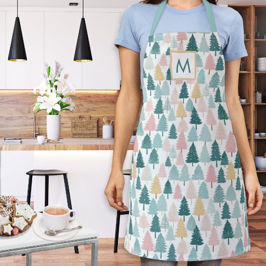 Pastel Christmas Pine Trees Monogrammed Kitchen エプロン