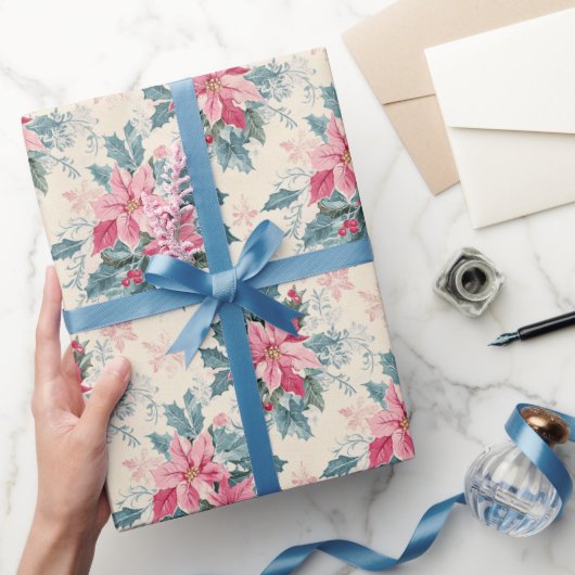 Pastel Christmas Poinsettia Holiday Pattern ラッピングペーパー (ギフト)
