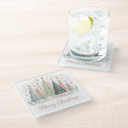 Pastel Christmas Trees ガラスコースター (アングル)