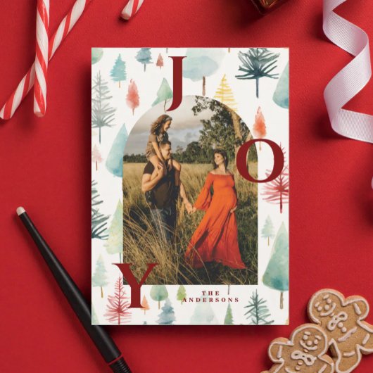 Pastel Christmas Trees Arch Photo Red Joy  シーズンカード