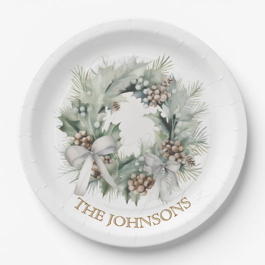 Pastel Christmas Wreath & Custom Name Paper Plates ペーパープレート (正面)