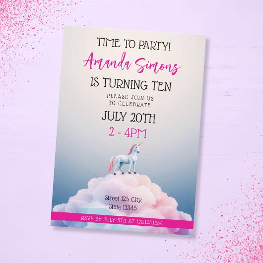Pastel Cloud Unicorn Dreamscape Girl 10th Birthday 招待状