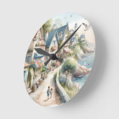 Pastel Coastal Cottage Village Escape ラウンド壁時計 (傾斜)