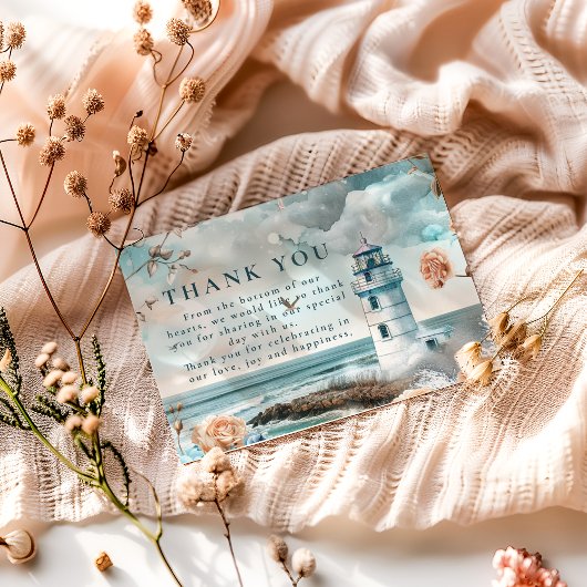 Pastel Coastal Lighthouse Ocean Wedding サンキューカード