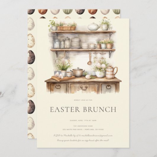Pastel Cream & Brown Vintage Kitchen Easter Brunch 招待状 (正面/裏面)