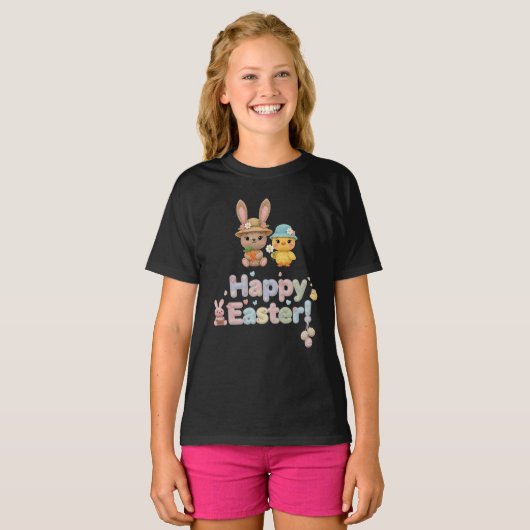 Pastel Crochet Happy Easter Bunny & Chick design  Tシャツ (正面フル)