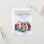 Pastel Cupcake Birthday Greeting Card カード (正面/裏面インサイチュ)