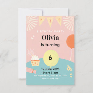 Pastel Cute Bunny Kids Birthday Party Invitation 招待状
