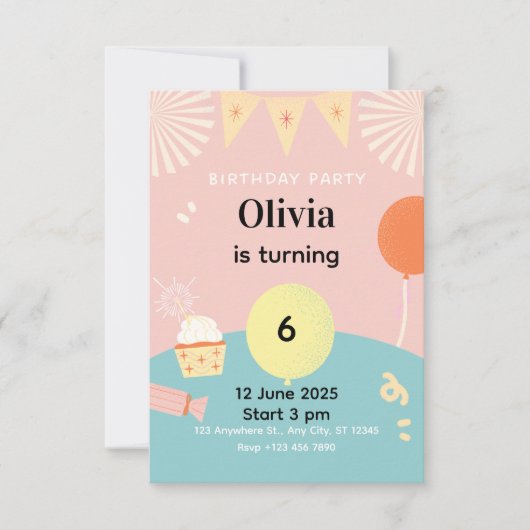 Pastel Cute Bunny Kids Birthday Party Invitation 招待状 (正面)