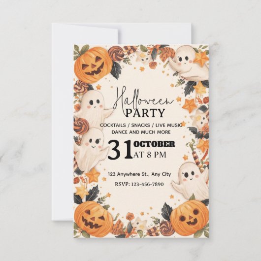 Pastel Cute Halloween Party Invitation – Editable 招待状 (正面)