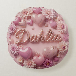 Pastel Dahlia Bloom Art with Hearts ラウンドクッション