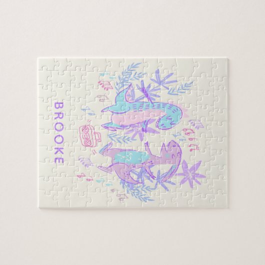 Pastel Dancing Dinosaurs Purple Blue Personalized ジグソーパズル (横)