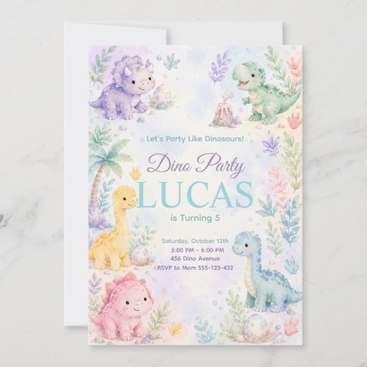 Pastel Dinosaur Birthday Invitation Editable 招待状 (正面)