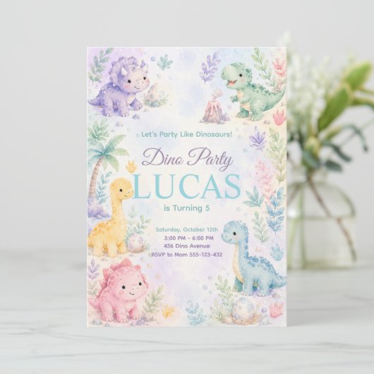 Pastel Dinosaur Birthday Invitation Editable 招待状 (スタンド正面)