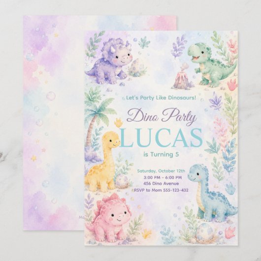 Pastel Dinosaur Birthday Invitation Editable 招待状 (正面/裏面)