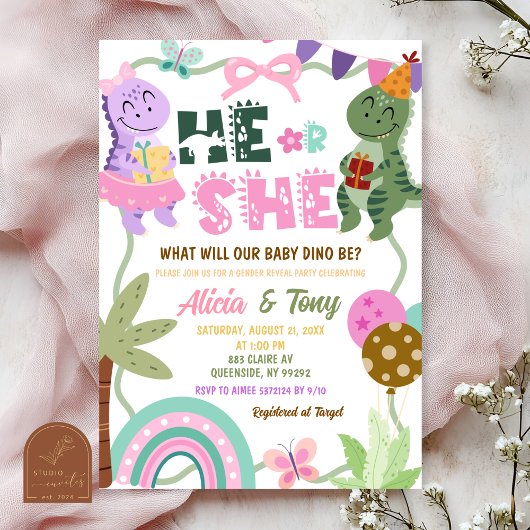 Pastel Dinosaur He or She Gender Reveal 招待状