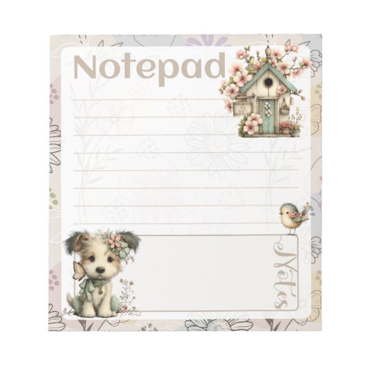 Pastel Dog & Floral – Birdhouse Spring Design ノートパッド (正面)