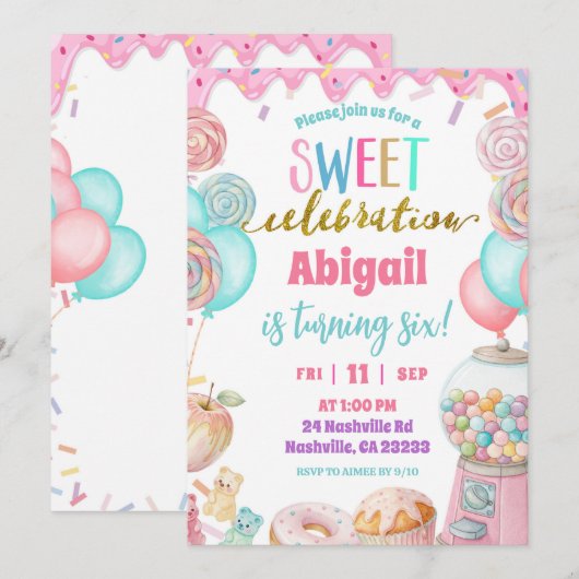  Pastel Donut Sweet Celebration Birthday party  招待状 (正面/裏面)