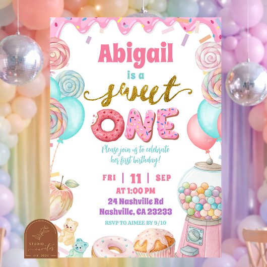 Pastel Donut SweetOne First Birthday party Invitat 招待状