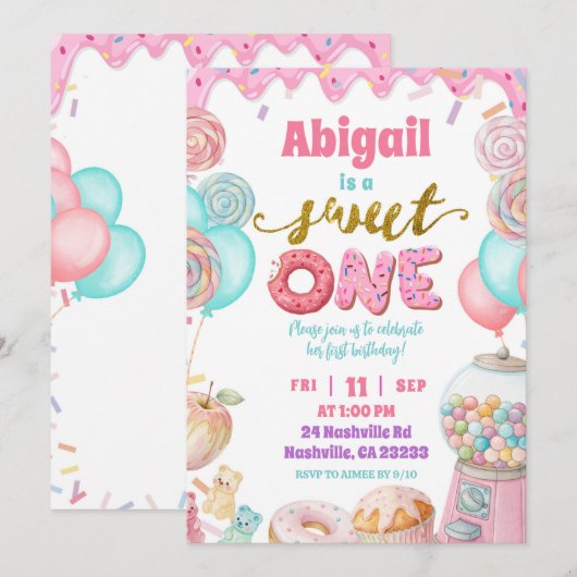 Pastel Donut SweetOne First Birthday party Invitat 招待状 (正面/裏面)