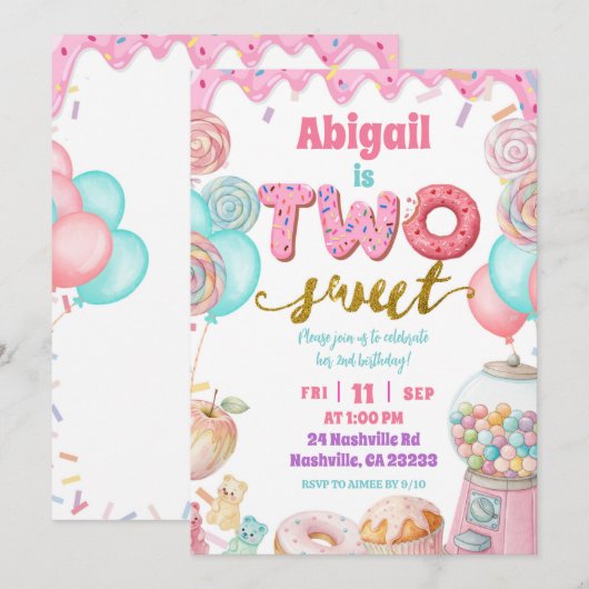 Pastel Donut Two Sweet 2nd Birthday party Invitati 招待状 (正面/裏面)