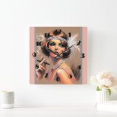 Pastel Drawing 1920's Flapper Girl Smoking II スクエア壁時計 (ホーム)