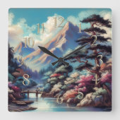 Pastel Drawing Ancient Asian Landscape Mountain スクエア壁時計 (正面)