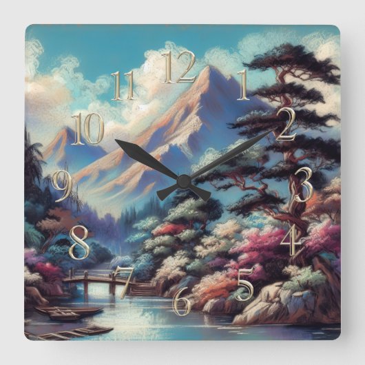 Pastel Drawing Ancient Asian Landscape Mountain スクエア壁時計 (正面)