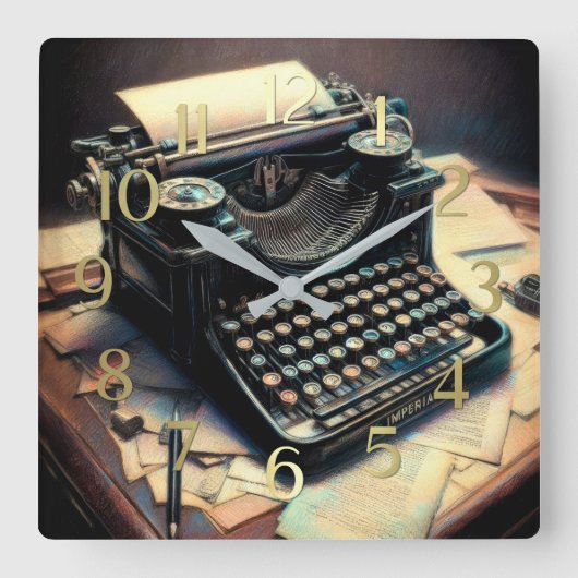 Pastel Drawing Antique Typewriter Desk スクエア壁時計 (正面)