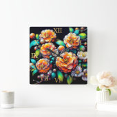 Pastel Drawing Asian Orange Flower Blossoms Branch スクエア壁時計 (ホーム)