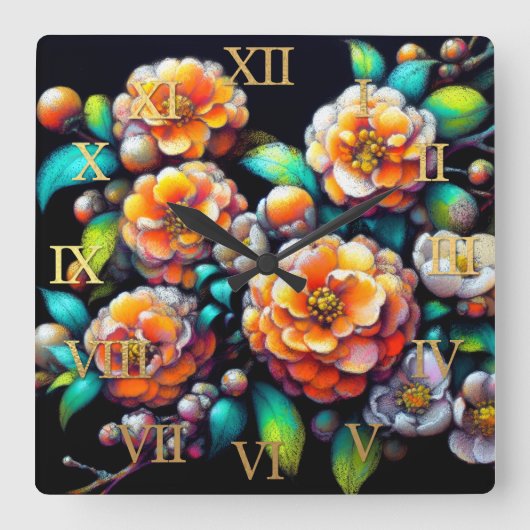 Pastel Drawing Asian Orange Flower Blossoms Branch スクエア壁時計 (正面)