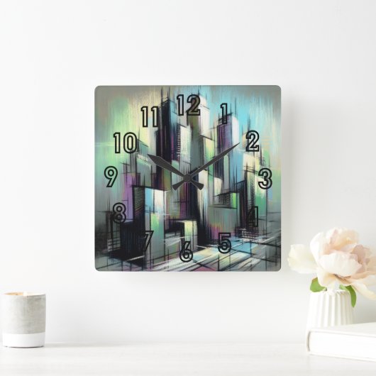 Pastel Drawing Futuristic City Abstract スクエア壁時計 (ホーム)