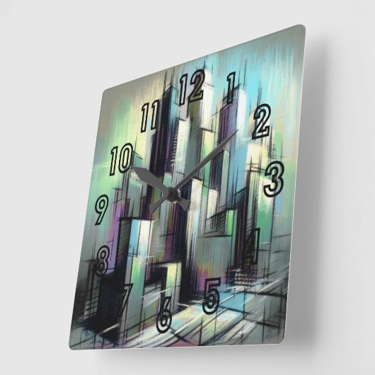Pastel Drawing Futuristic City Abstract スクエア壁時計 (傾斜)