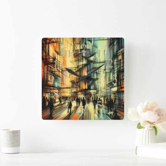 Pastel Drawing Futuristic Comic Style City スクエア壁時計 (ホーム)